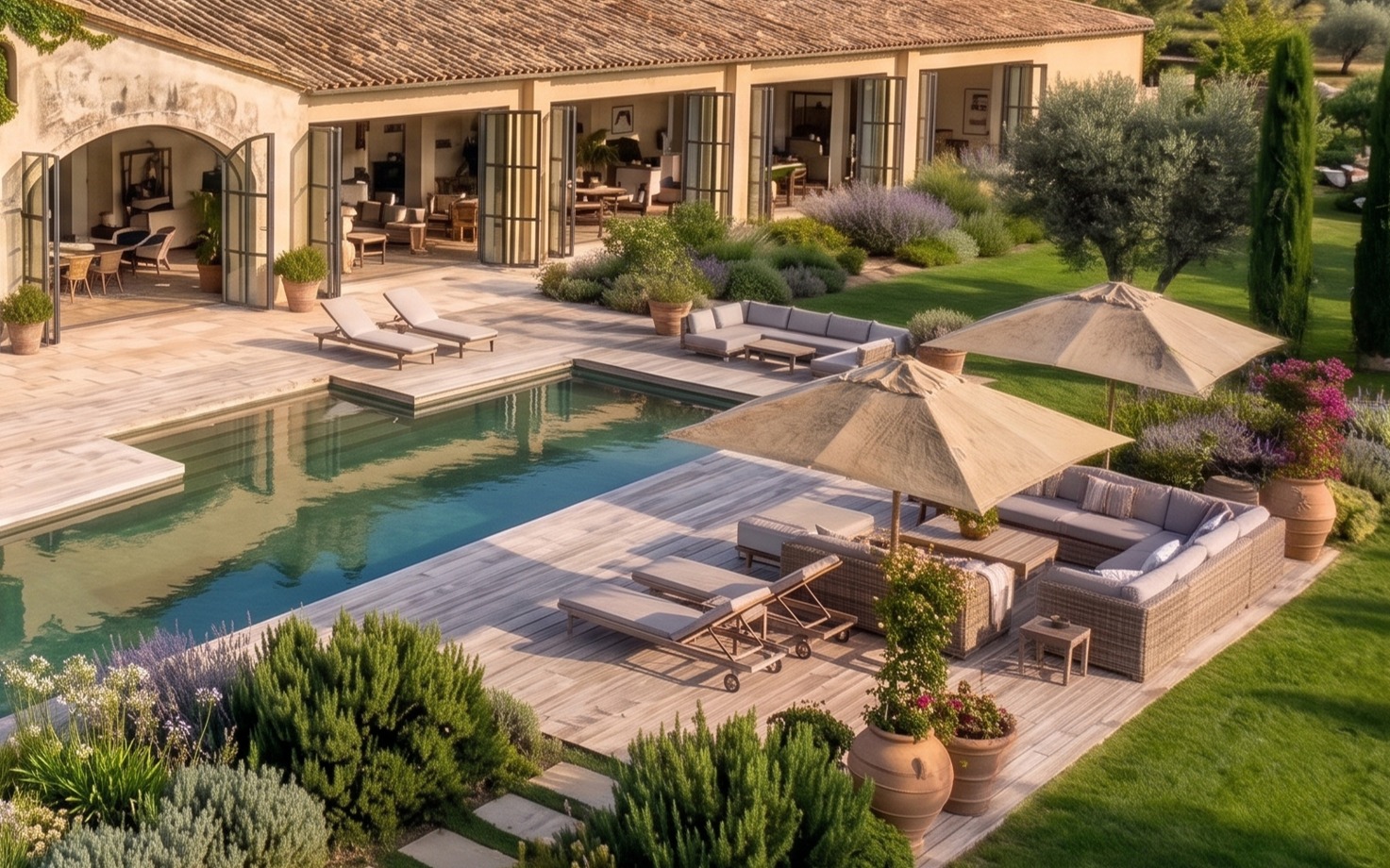 Indicative image of a wellness resort with a pool terrace and landscaped gardens