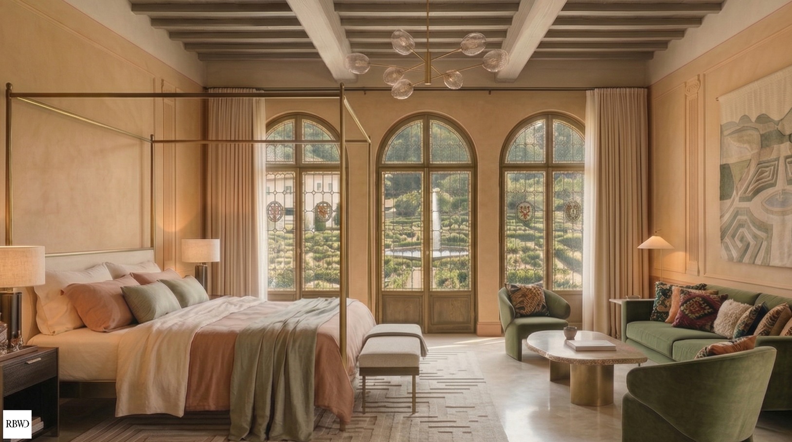 Indicative image of a luxury hotel suite with arched windows overlooking formal gardens
