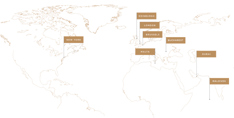 Map of where RBW Estates has worked: New York, Edinburgh, London, Brussels, Bucharest, Malta, Dubai, Maldives